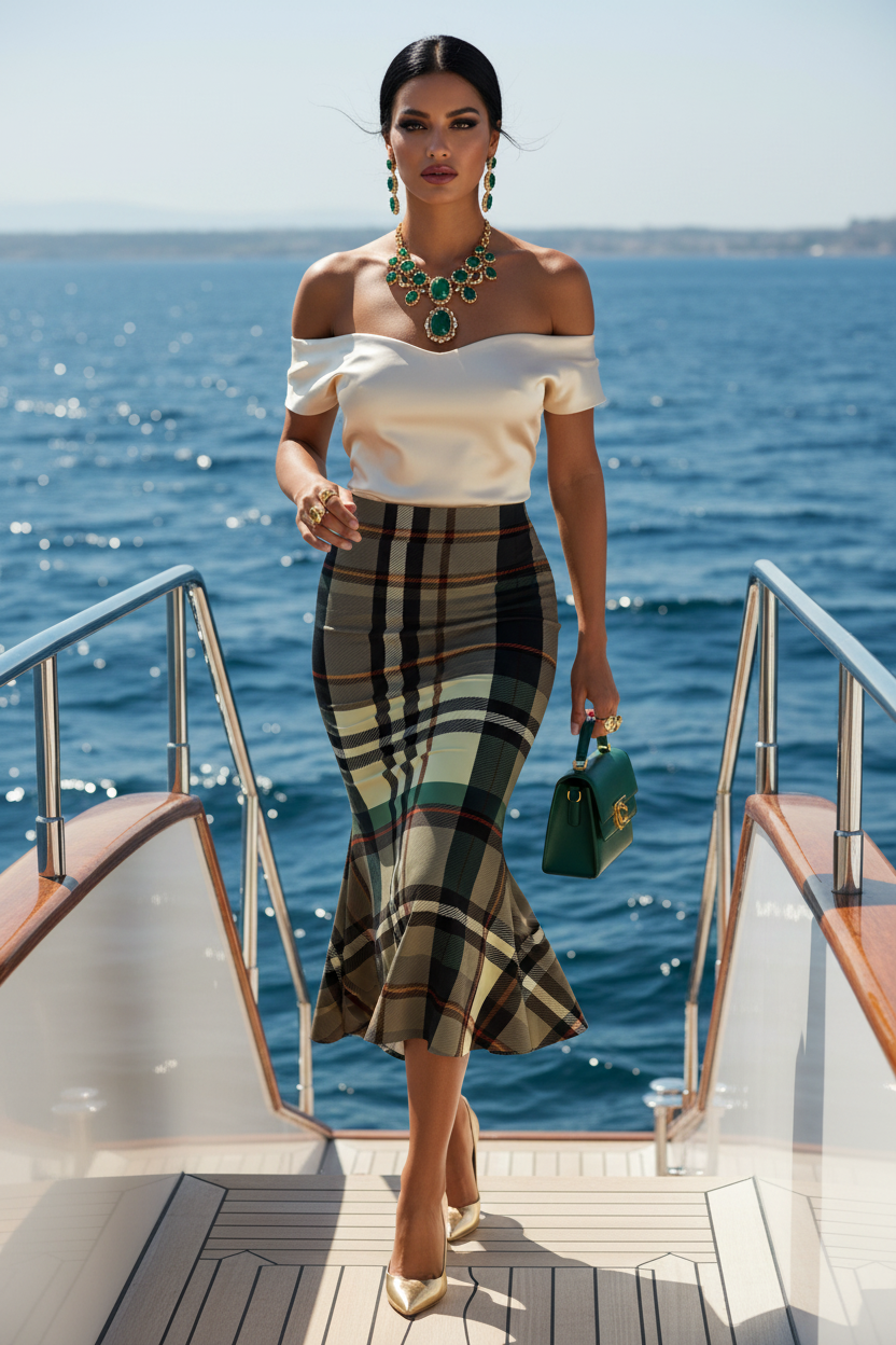 Grey-Green Tartan Fishtail Skirt High Waist maxi skirt Elegant Evening Outfit