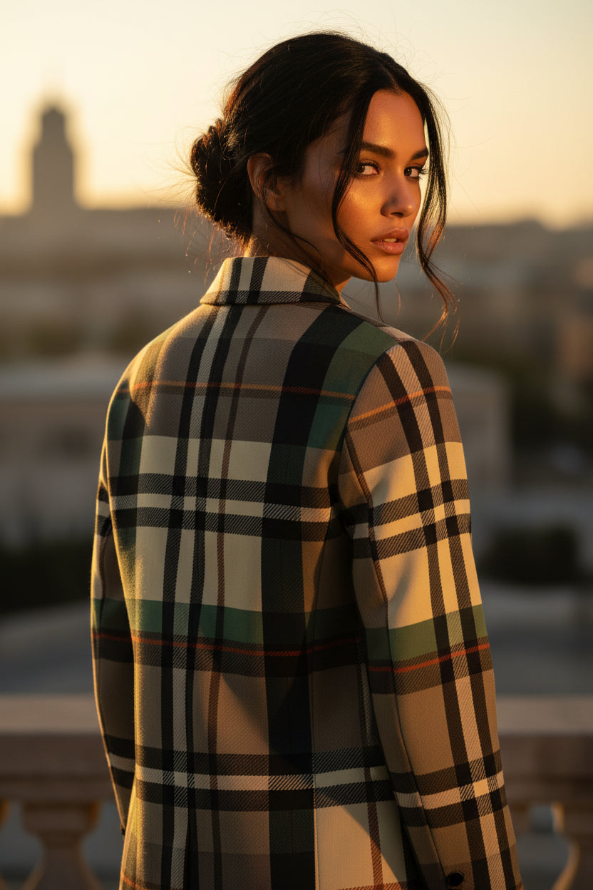 Grey Tartan Blazer Women Plaid Jacket Oversized Chic Coat XS to 5XL Elegant Evening Outfit