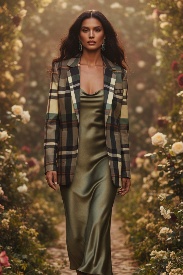 Grey Tartan Blazer Women Plaid Jacket Oversized Chic Coat XS 5XL with elegant evening outfit