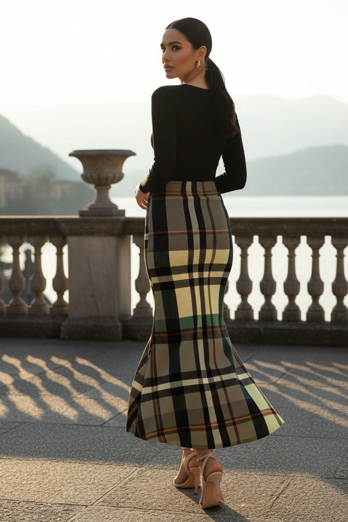 Grey Tartan Fishtail Maxi Skirt High Waist Skirt Outfit Elegant Women Evening Style