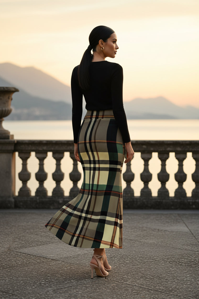 Grey Tartan Maxi Skirt High Waist Plaid Skirt Outfit Elegant Women Evening Wear