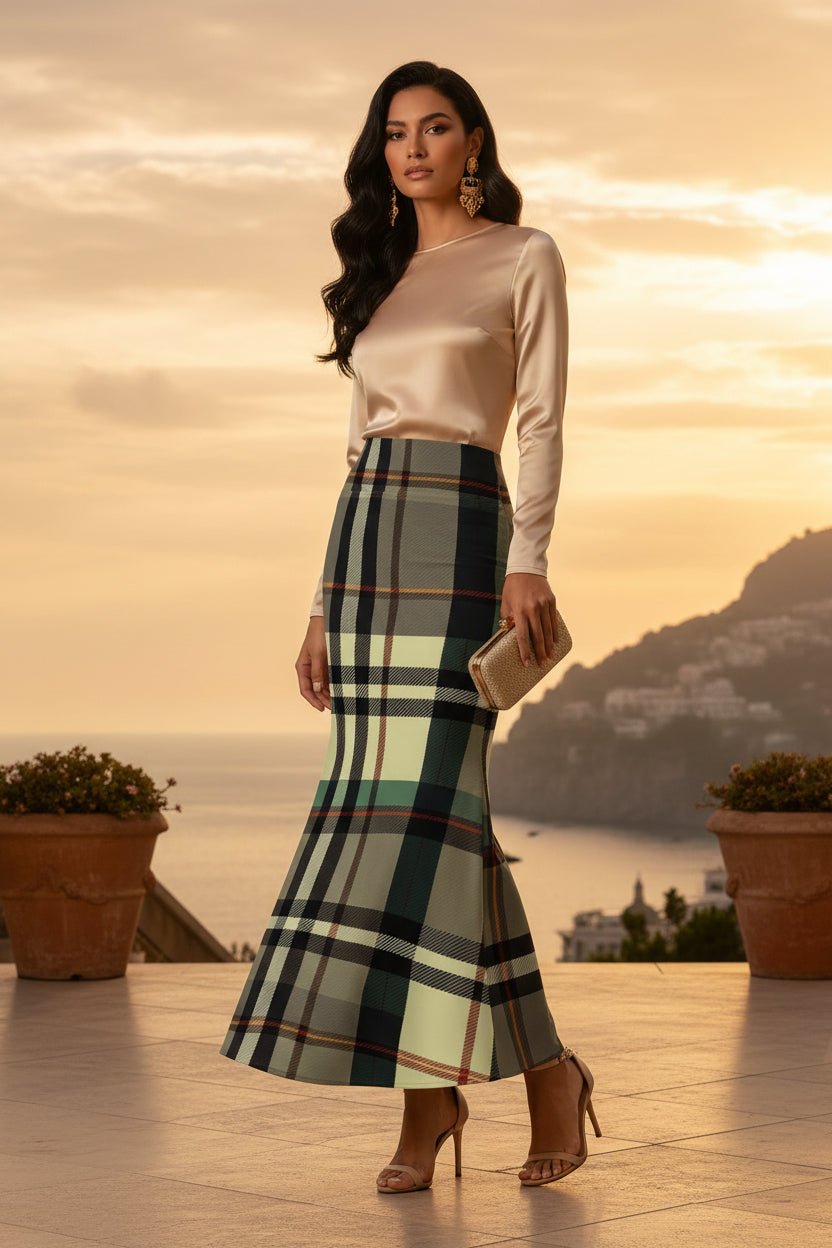Grey Tartan Fishtail Maxi Skirt High Waist Plaid Skirt Outfit Elegant Women Evening Look