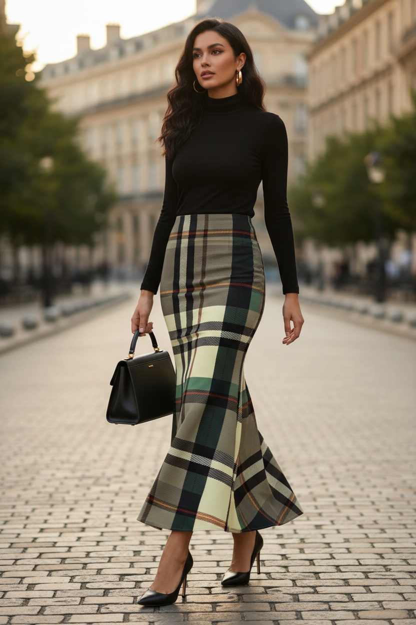Grey Tartan Fishtail Maxi Skirt High Waist Plaid Skirt Outfit Elegant Women Evening outfit
