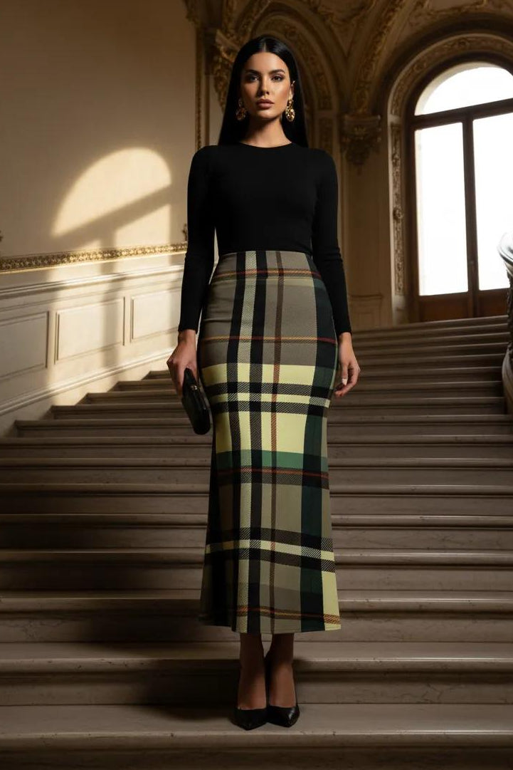 Grey tartan fishtail maxi skirt high waist plaid skirt outfit elegant women evening wear