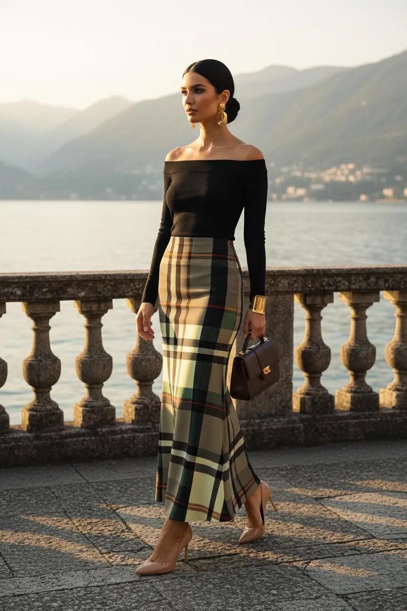 Grey Tartan Maxi Skirt High Waist Plaid Skirt Outfit Elegant Women Evening Look