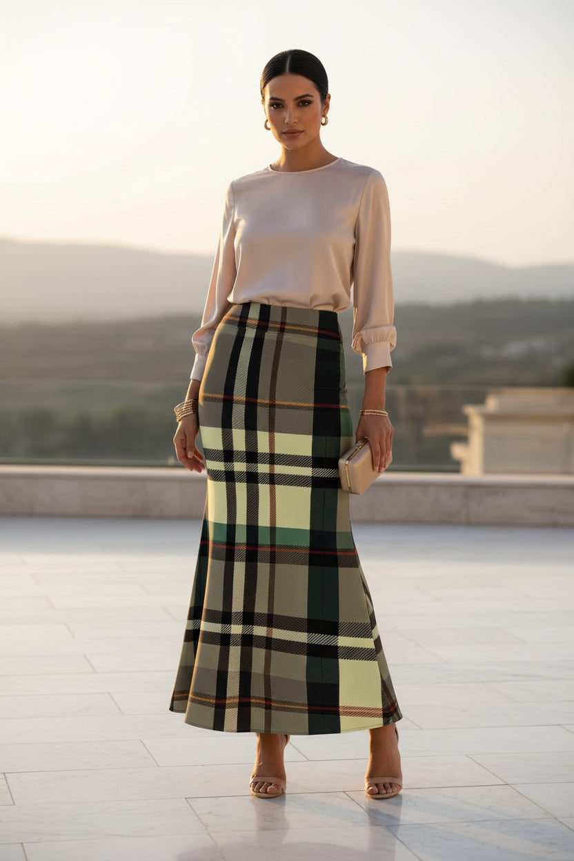 Grey Tartan Fishtail Maxi Skirt High Waist Plaid Skirt Outfit Elegant Women Evening Wear