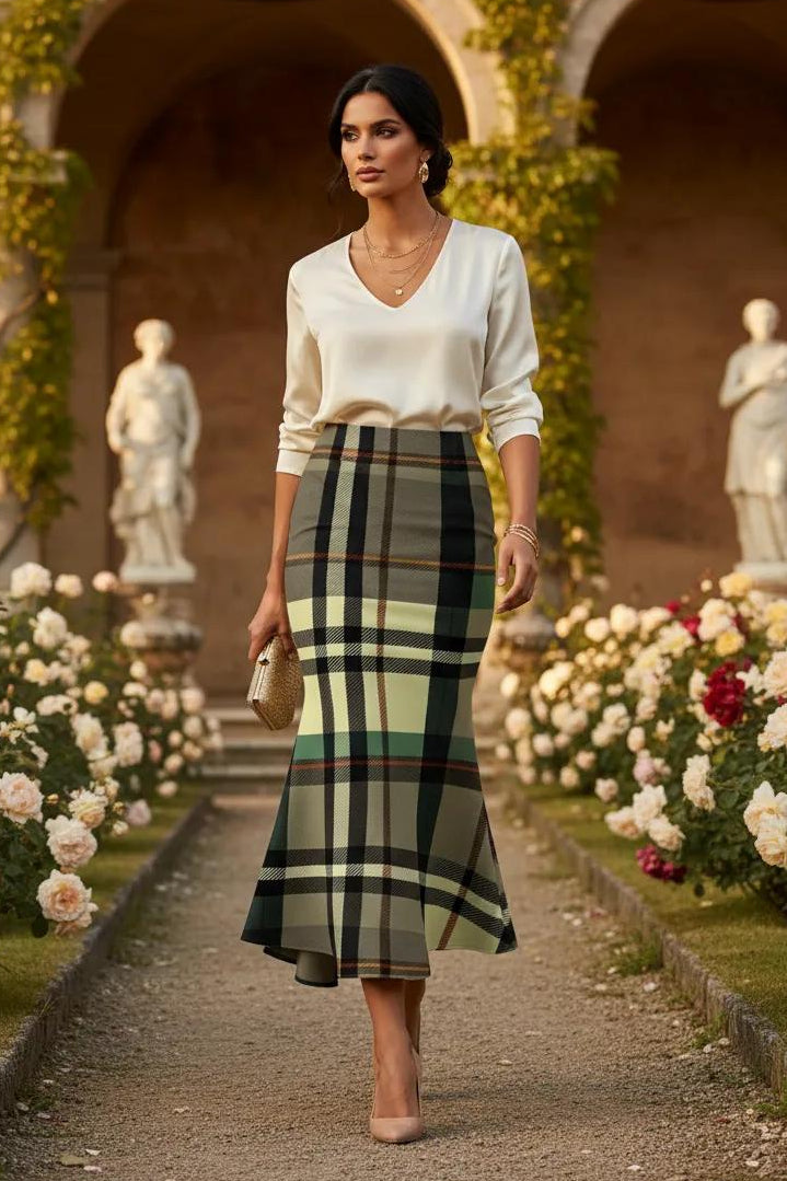 Grey Tartan Fishtail Maxi Skirt High Waist Plaid Skirt Outfit Elegant Women Office Outfity