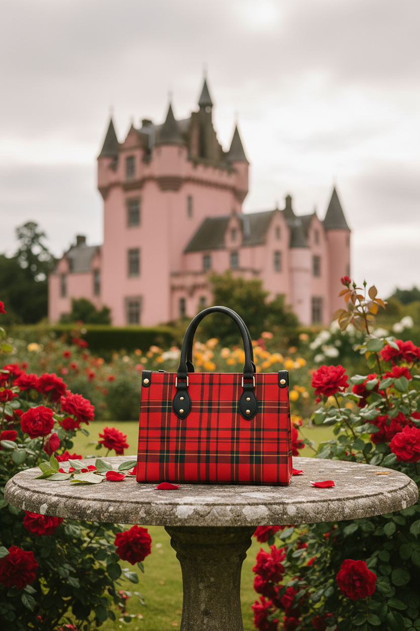 Handmade red tartan tote bag with black handles