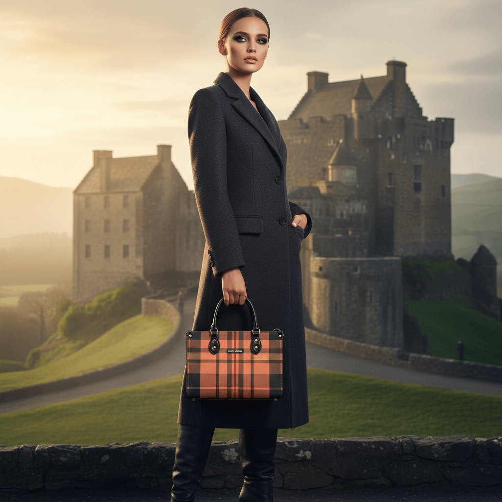 Woman holding heritage inspired designer handbags by Angelic Blessings Shop with a scenic castle background