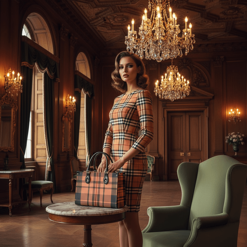 Woman in plaid dress holding heritage inspired designer handbags in elegant vintage room