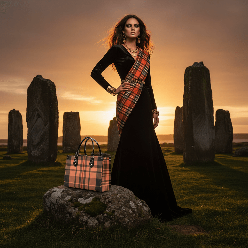 Heritage inspired designer handbags by Angelic Blessings Shop showcased with model in black dress at sunset with standing stones