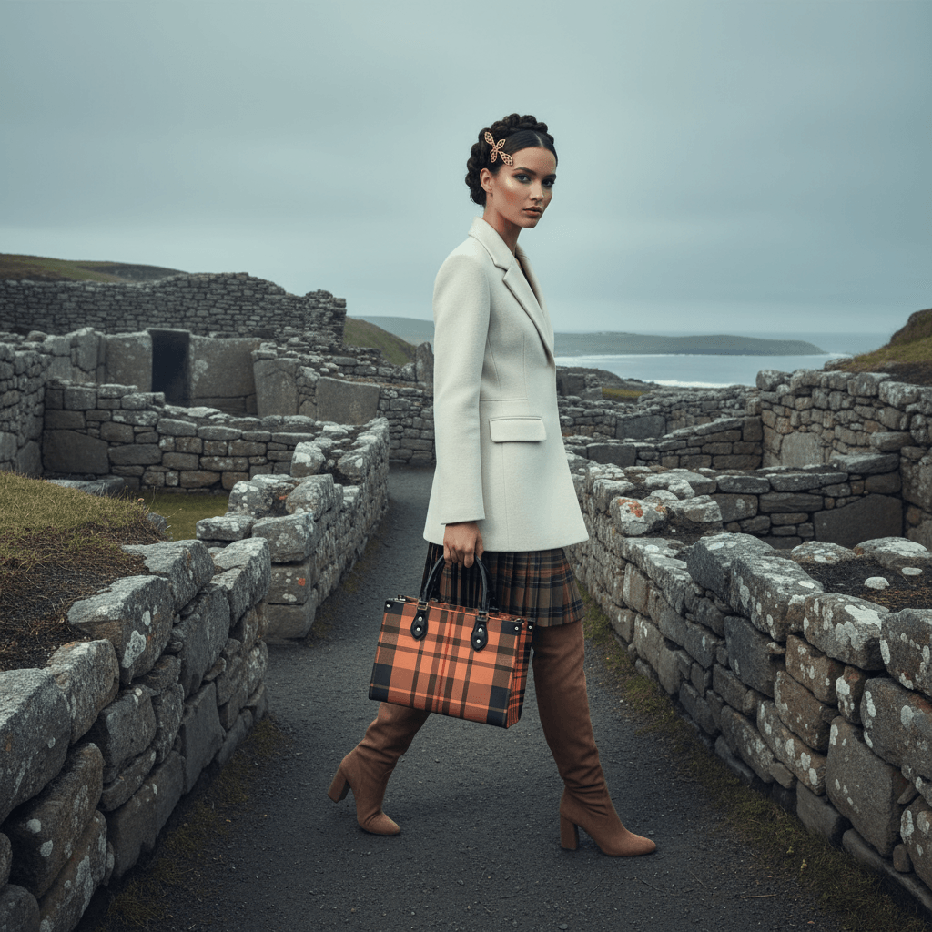 Woman wearing boots and white coat carrying heritage inspired designer handbags with plaid pattern outdoors