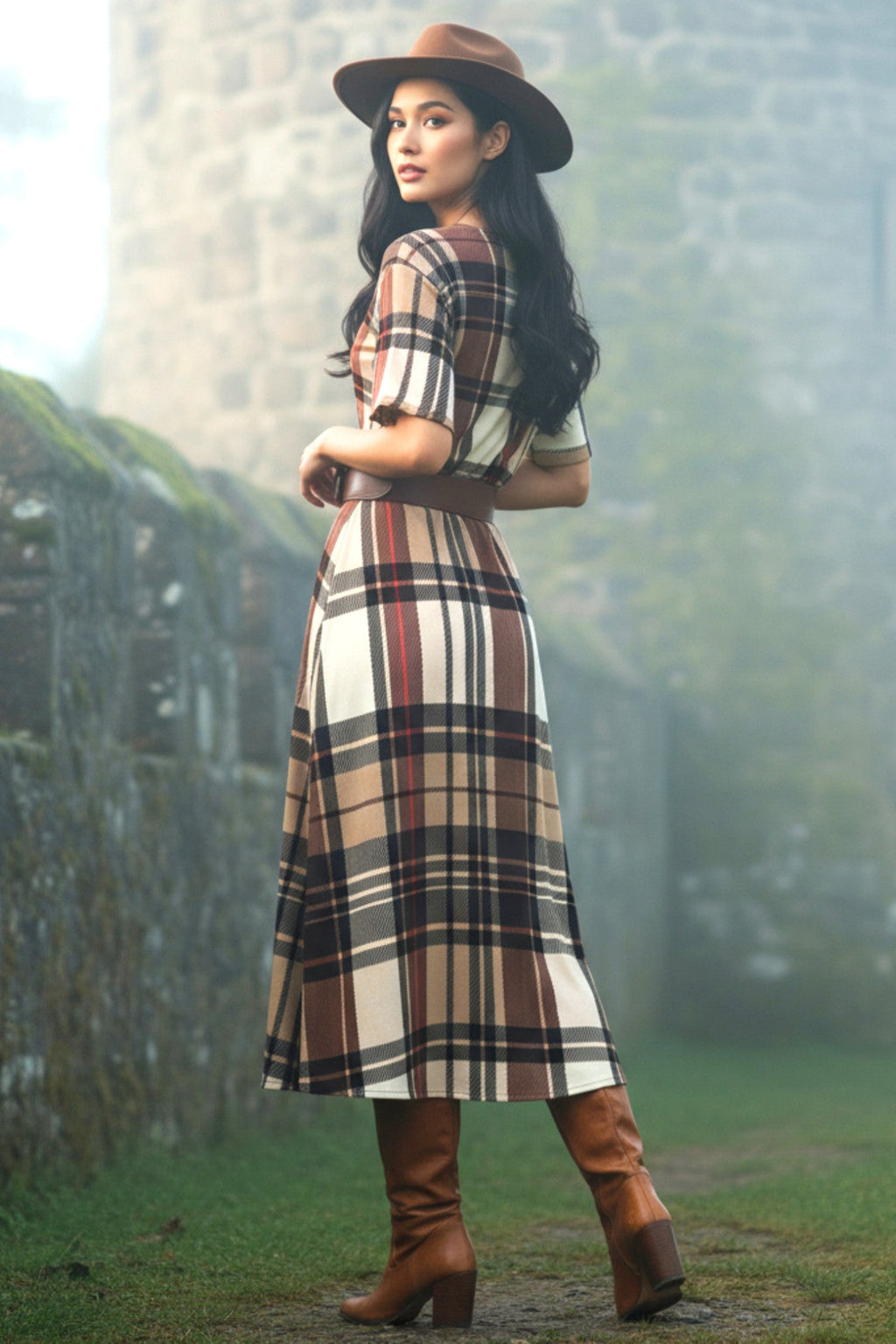 Woman wearing heritage inspired midi dress plus size with plaid pattern and brown boots outdoors