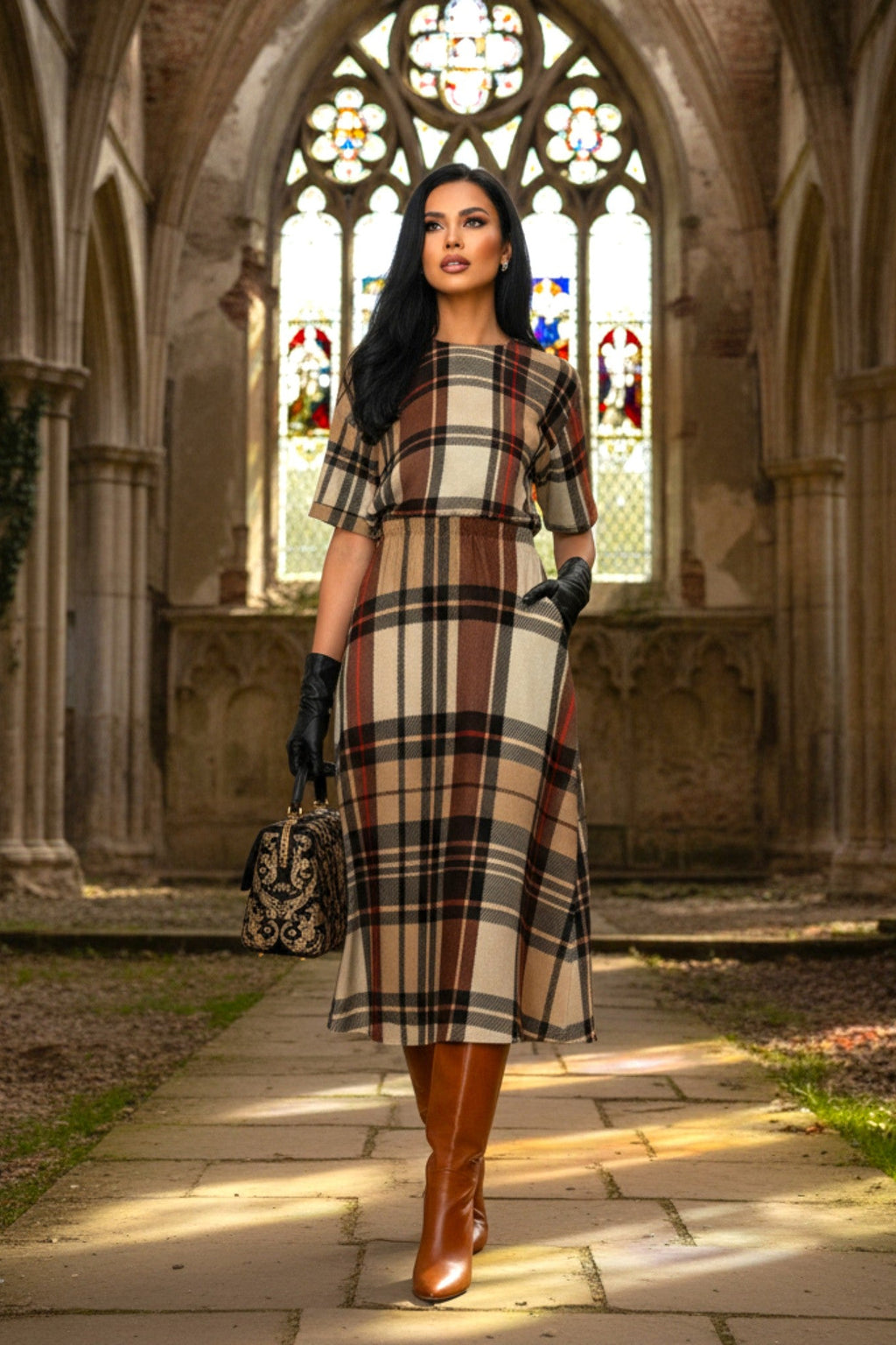 Heritage inspired midi dress plus size with plaid pattern styled by Angelic Blessings Shop