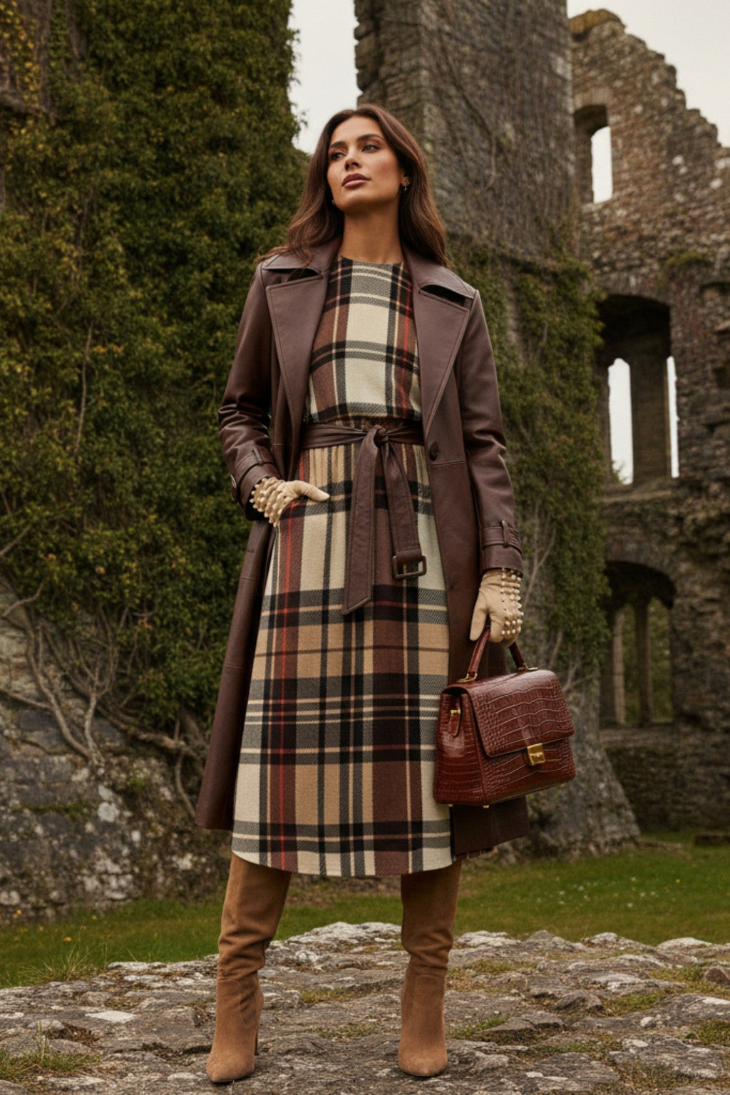 Heritage inspired midi dress plus size with plaid pattern styled with brown trench coat and boots