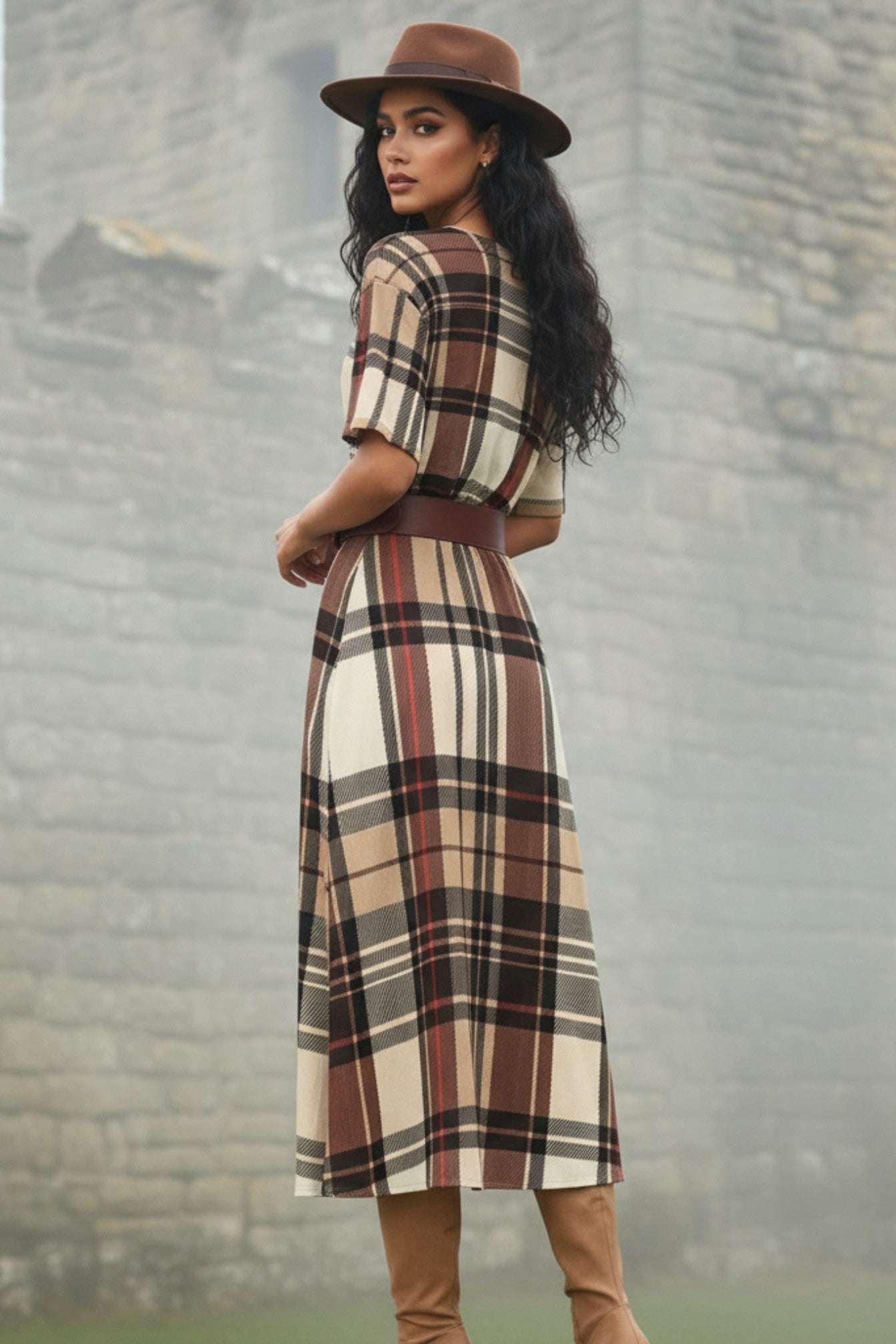 Heritage inspired midi dress plus size with brown plaid pattern and wide belt by Angelic Blessings Shop