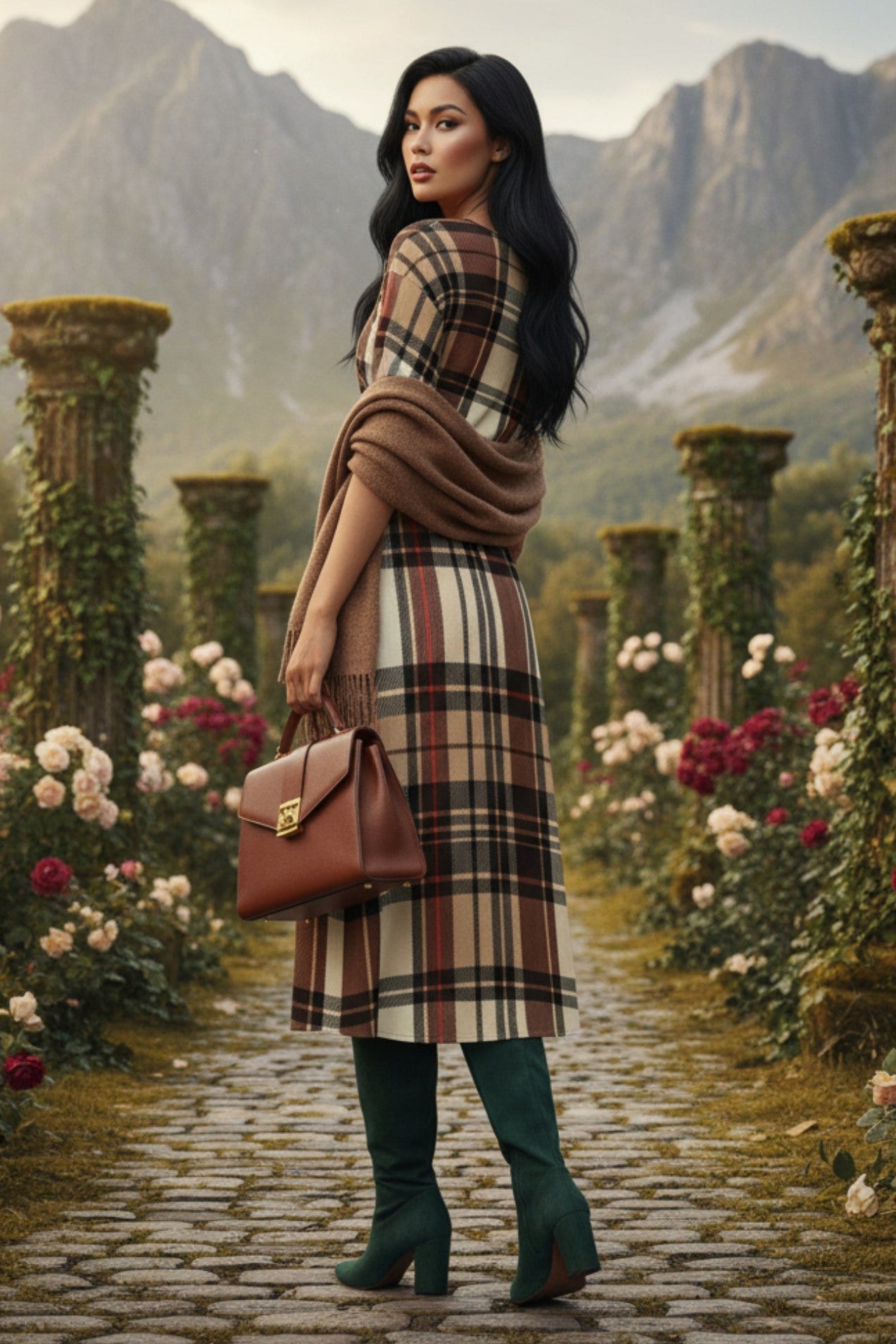 Angelic Blessings Shop heritage inspired midi dress plus size with plaid pattern and green boots in garden