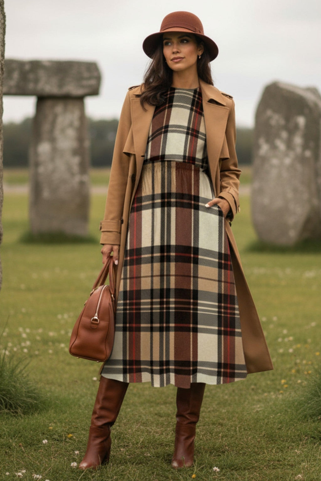 Woman wearing heritage inspired midi dress plus size with plaid pattern and brown trench coat at outdoor stone circle