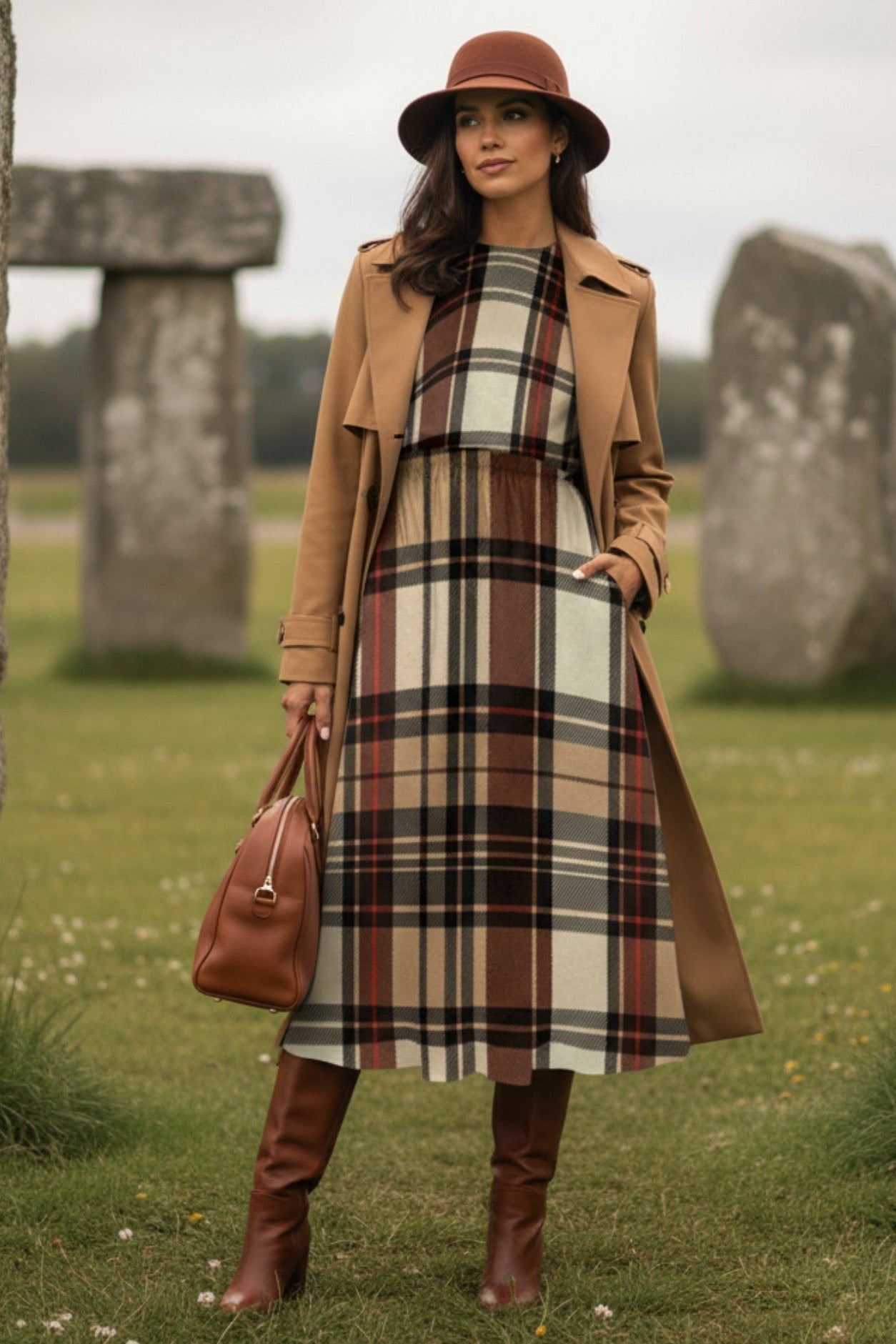 Woman wearing heritage inspired midi dress plus size with plaid pattern and brown trench coat at outdoor stone circle