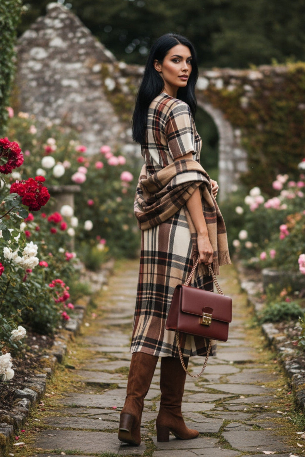 Heritage inspired midi dress plus size plaid dress styled with knee-high brown boots and a matching shawl