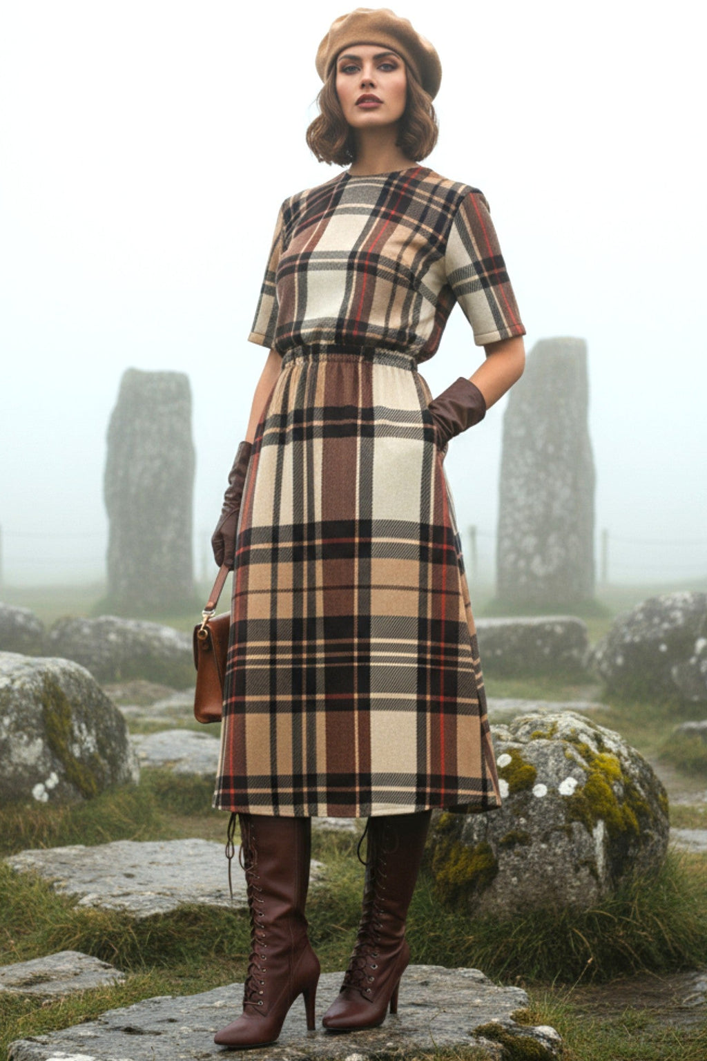 Angelic Blessings Shop heritage inspired midi dress plus size plaid pattern with short sleeves and belt