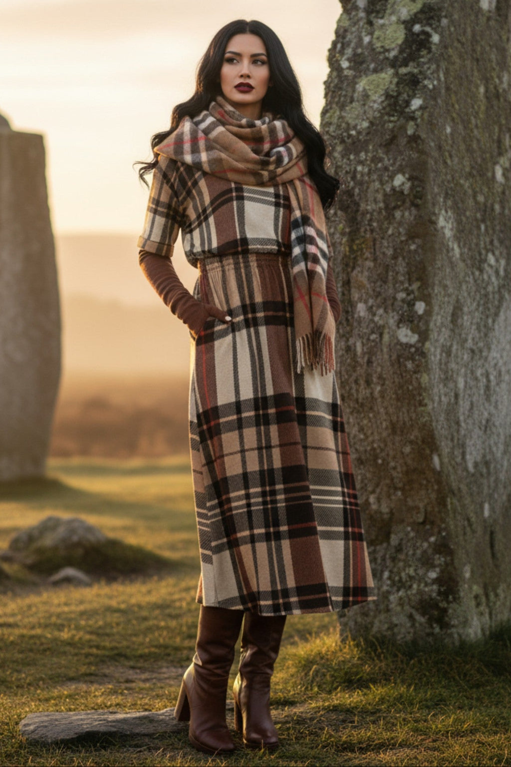 Front view of Dromberg Tartan Women’s Midi Dress – plaid elegance from Angelic Blessings Shop