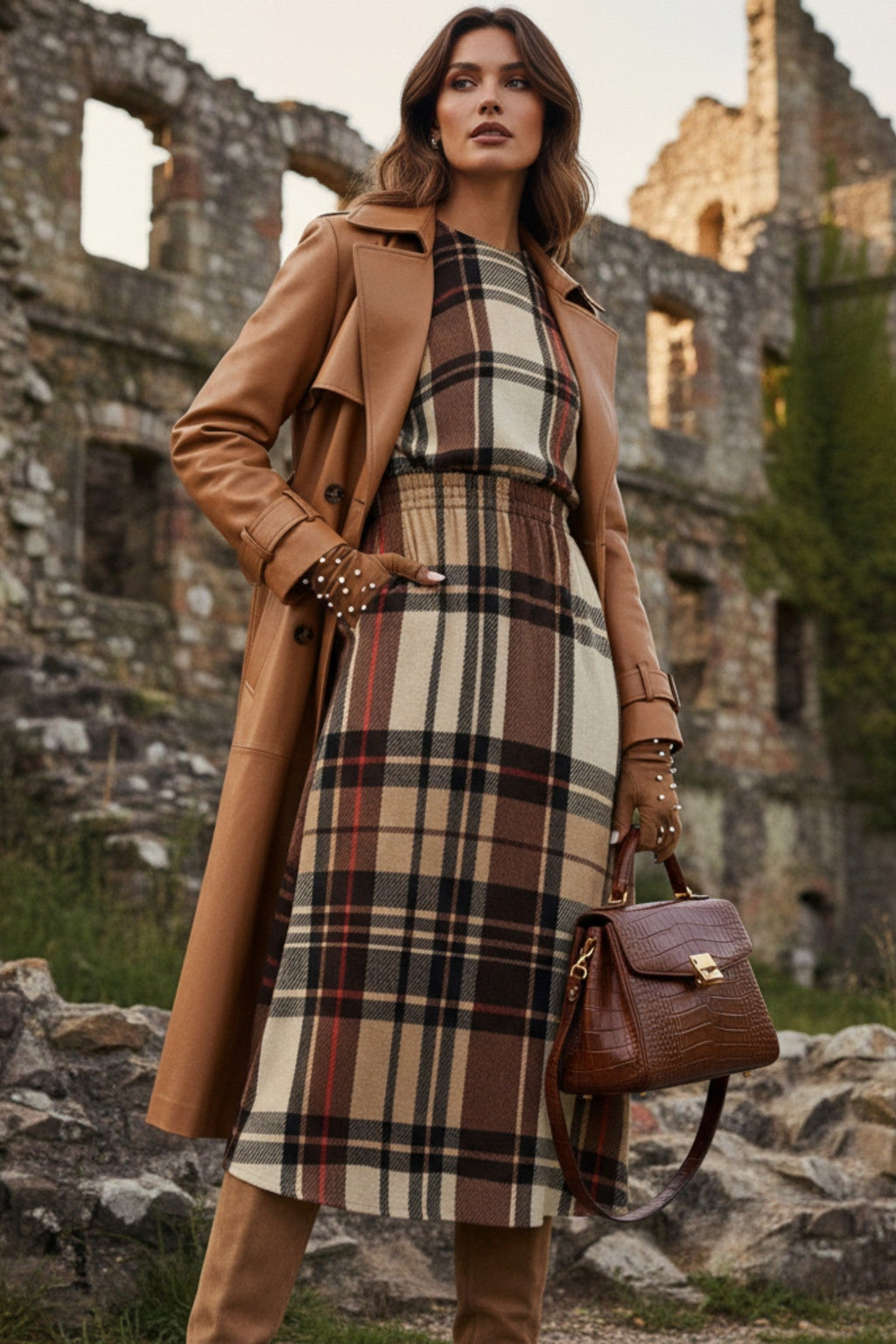 Heritage inspired midi dress plus size in plaid pattern styled with camel trench coat and brown handbag