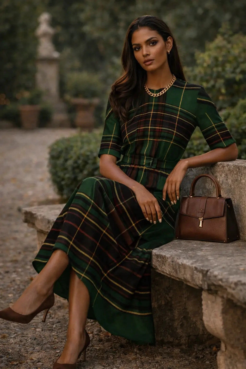Heritage inspired tartan dress designed for refined women’s style.