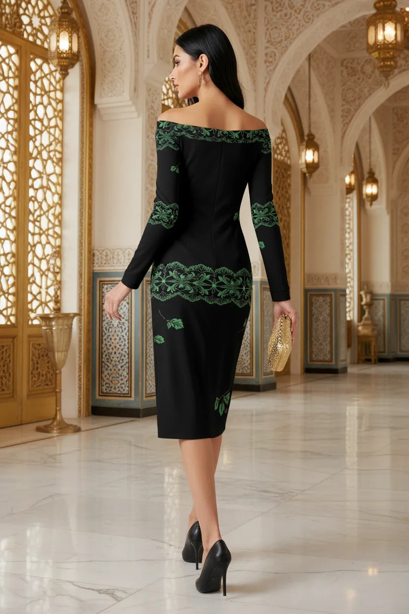 Angelic Blessings heritage style evening dress S-6XL in black with green embroidery and off-shoulder design
