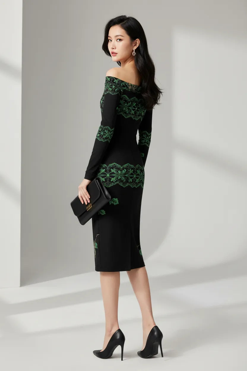 Angelic Blessings heritage style evening dress S-6XL black off shoulder midi dress with green lace patterns