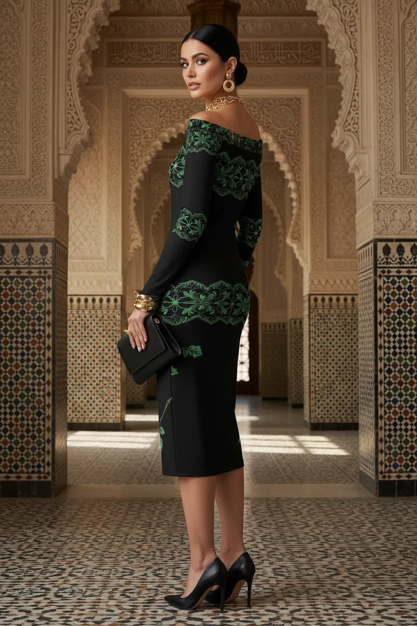 Angelic Blessings heritage style evening dress S-6XL black with green floral embroidery and long sleeves