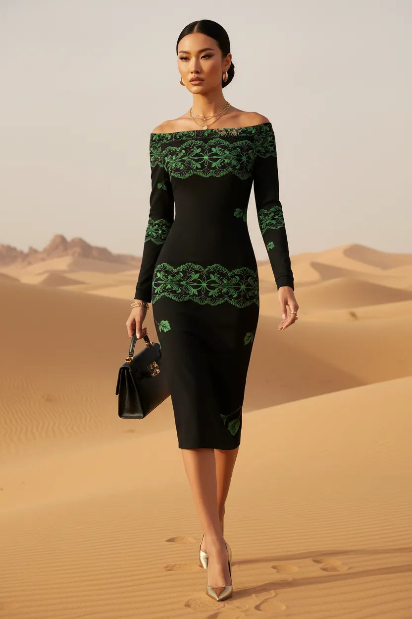 Angelic Blessings heritage style evening dress S-6XL black with green floral embroidery and off-shoulder neckline