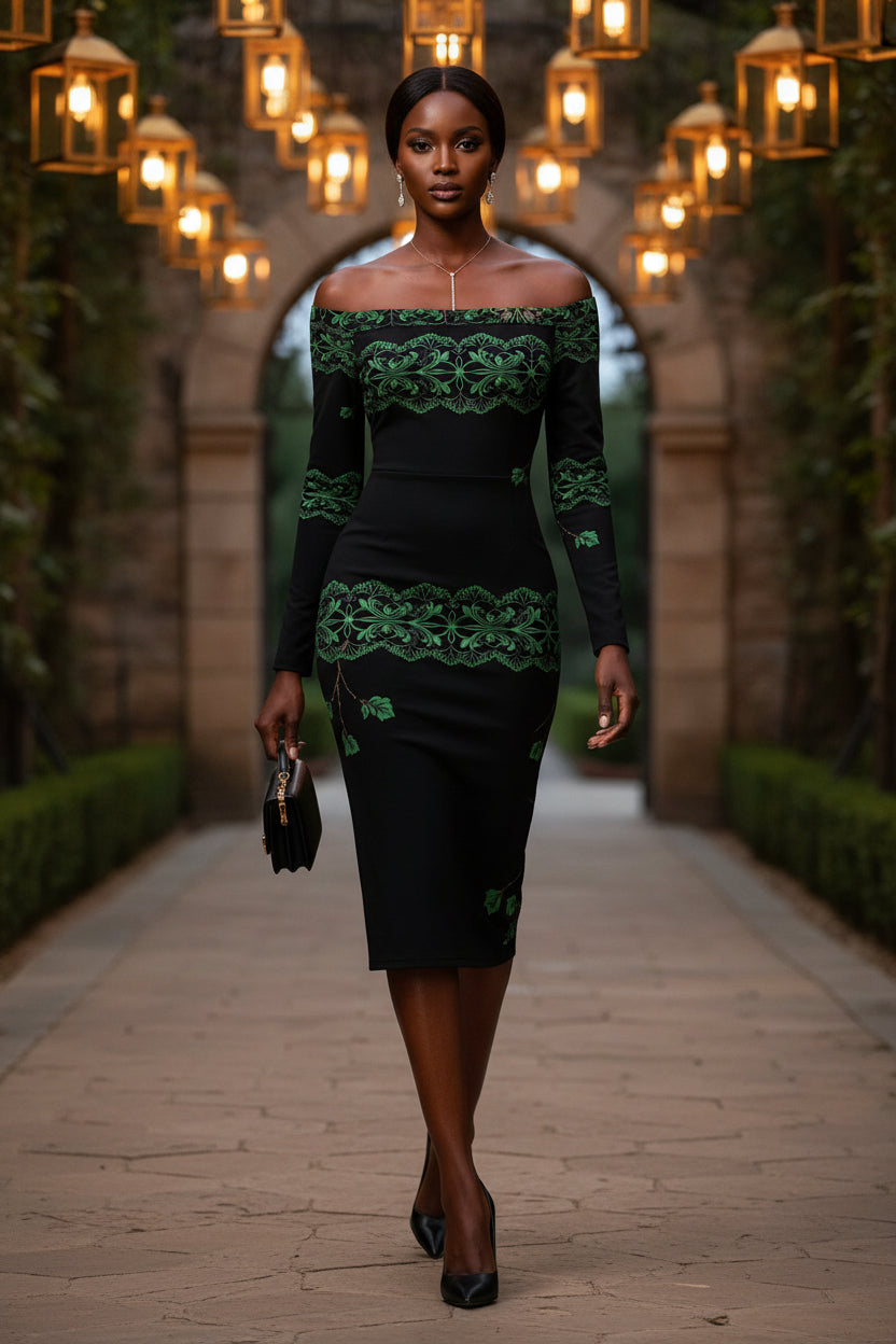 Angelic Blessings heritage style evening dress S-6XL in black with green floral embroidery and off-shoulder design