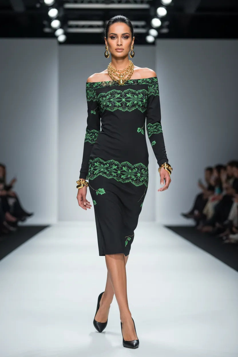 Angelic Blessings heritage style evening dress S-6XL black off shoulder dress with green floral embroidery