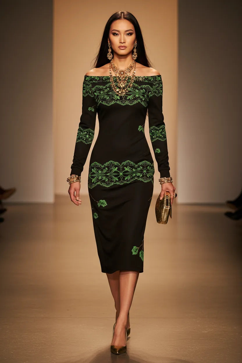 Angelic Blessings heritage style evening dress S-6XL black midi dress with green floral embroidery and off shoulder design