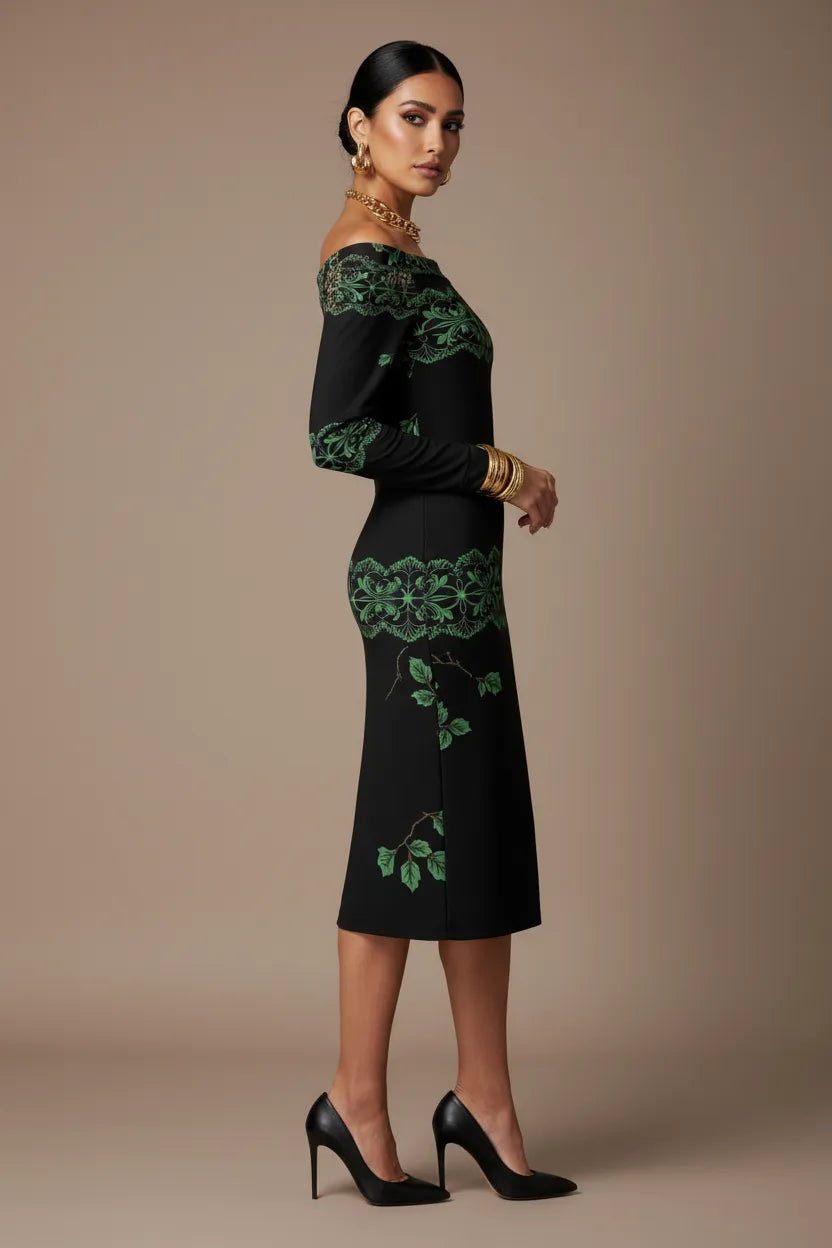 Angelic Blessings heritage style evening dress S-6XL black with green floral embroidery and off shoulder design