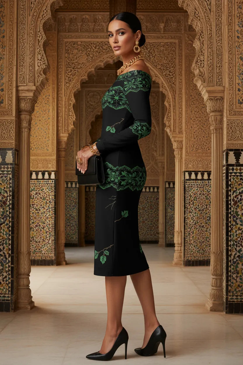 Angelic Blessings heritage style evening dress S-6XL black fitted dress with green embroidery