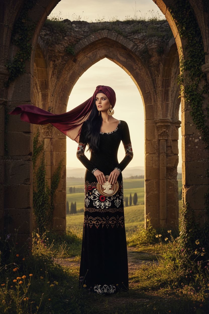 Woman wearing heritage style luxury maxi gown with intricate embroidery standing in ancient stone archway