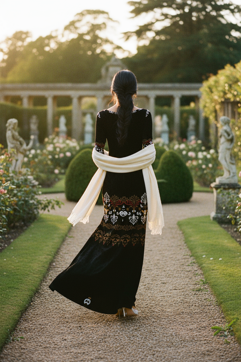 Woman wearing heritage style luxury maxi gown from Angelic Blessings Shop walking in a garden pathway
