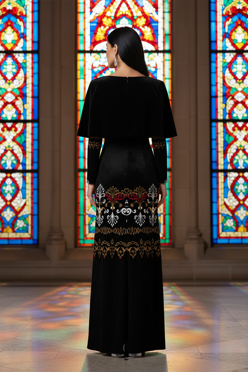 Back view of heritage style luxury maxi gown by Angelic Blessings Shop with intricate embroidery and cape detail