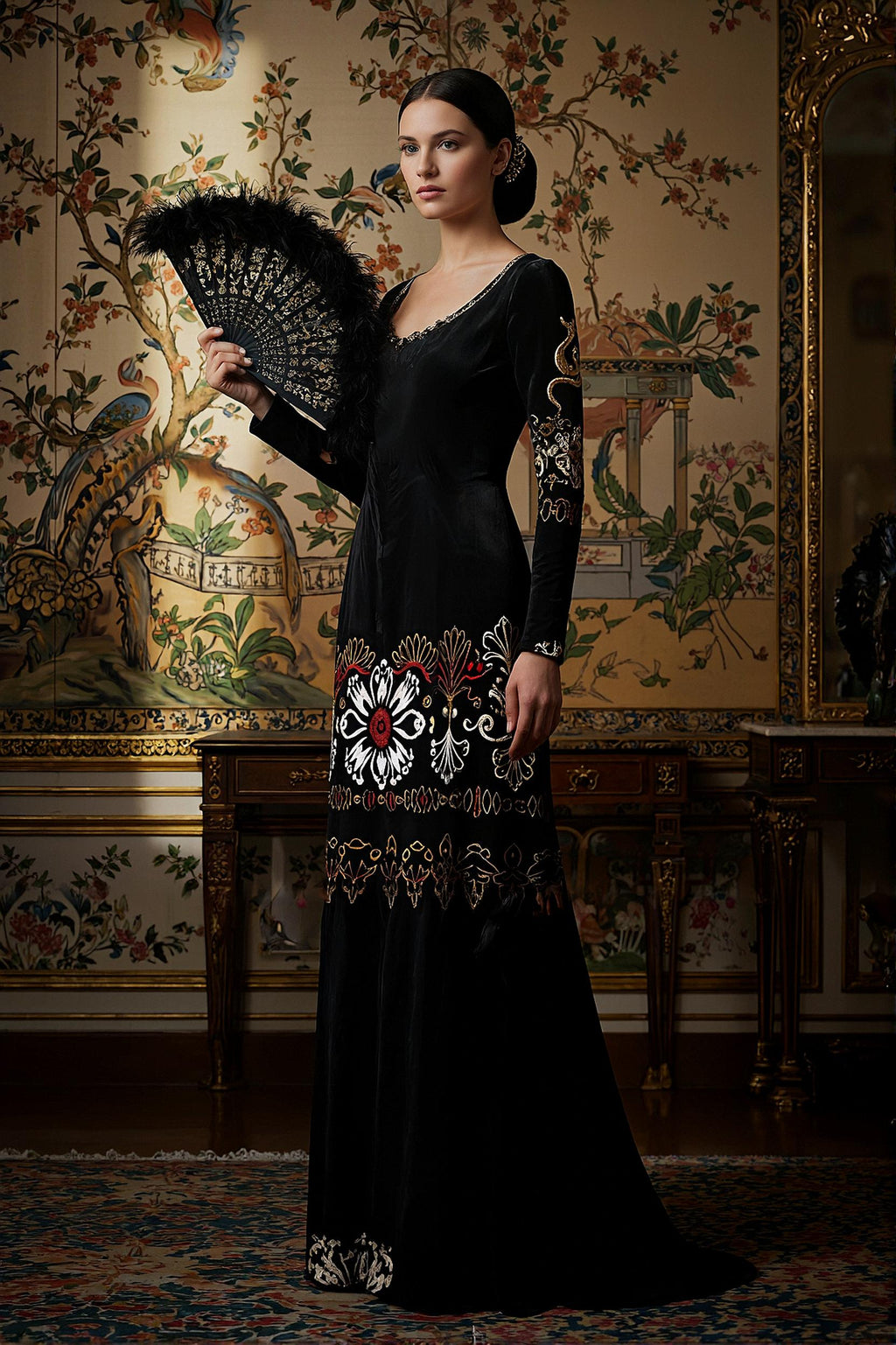 Elegant heritage style luxury maxi gown in black velvet with intricate embroidery by Angelic Blessings Shop