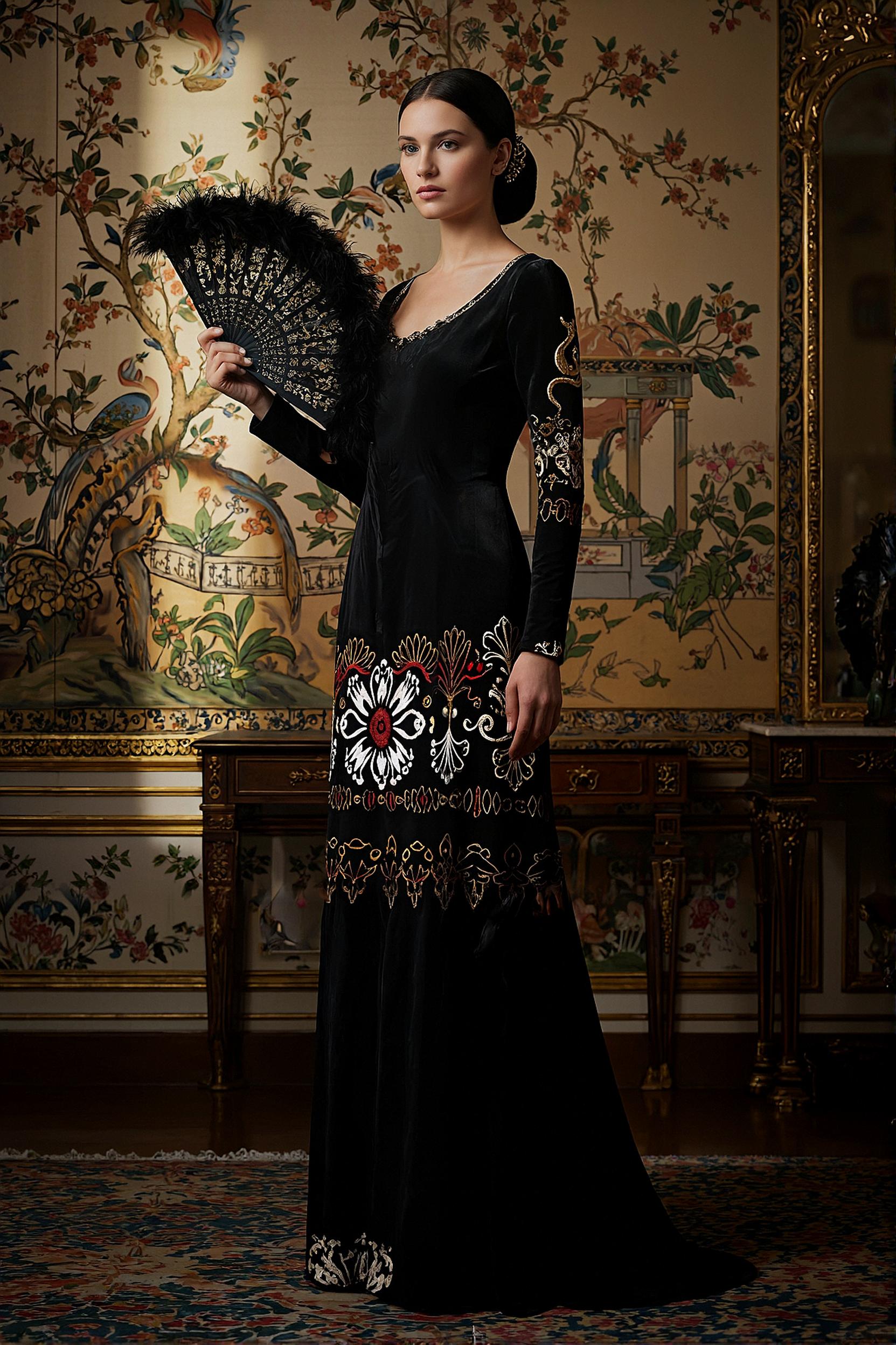Elegant heritage style luxury maxi gown in black velvet with intricate embroidery by Angelic Blessings Shop