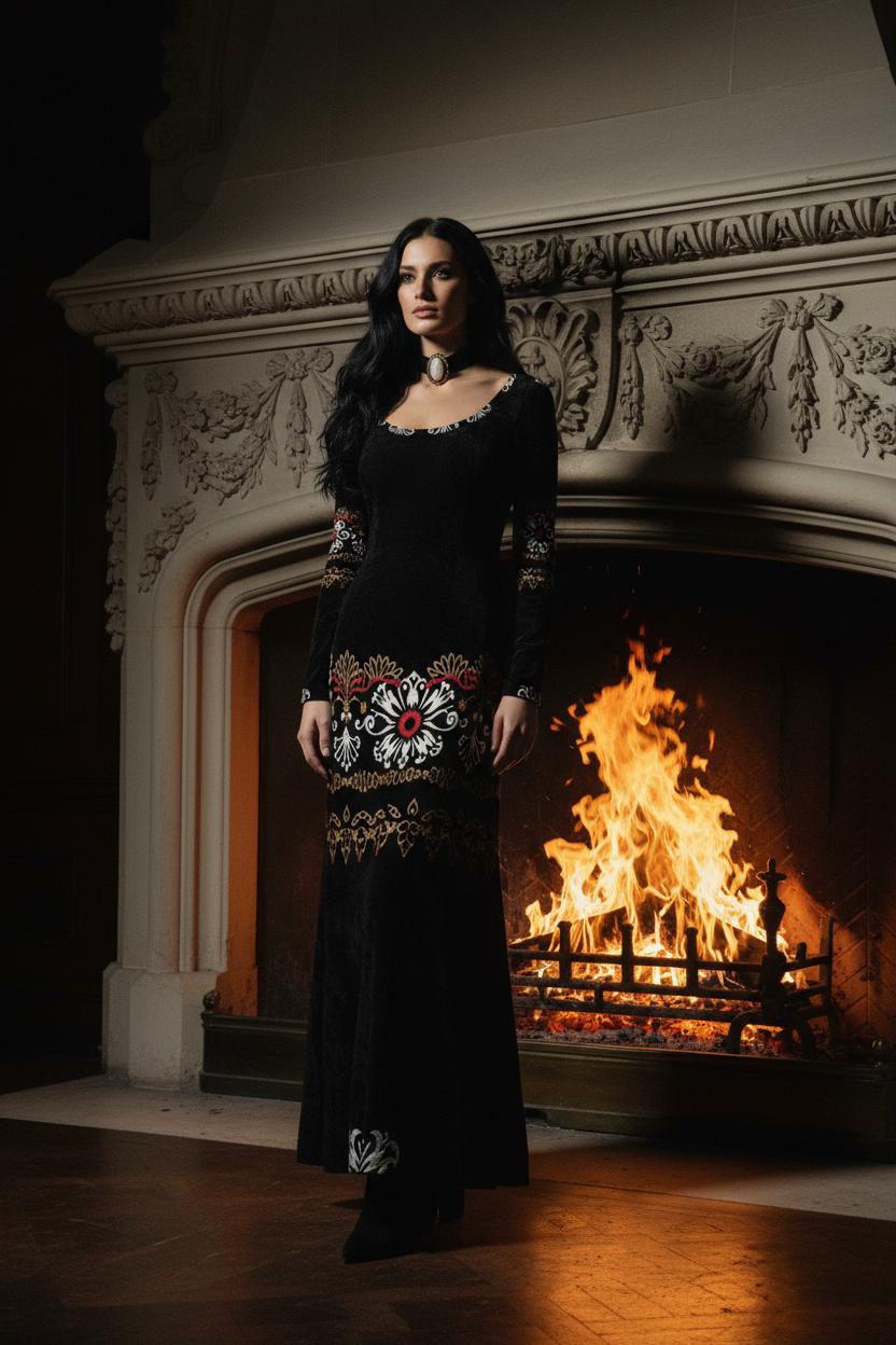 Angelic Blessings Shop heritage style luxury maxi gown in black with intricate embroidery standing by a fireplace