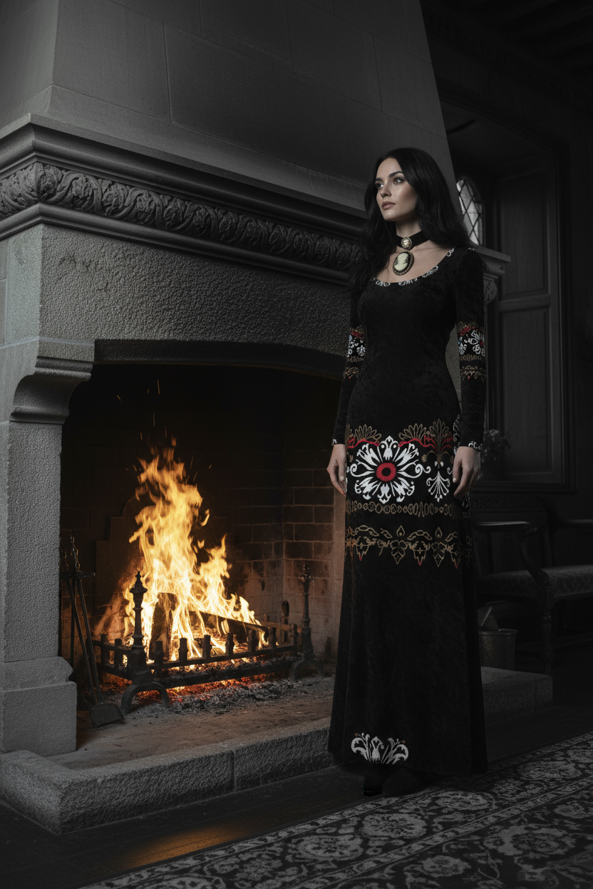 Woman wearing heritage style luxury maxi gown in black with intricate patterns standing by a fireplace