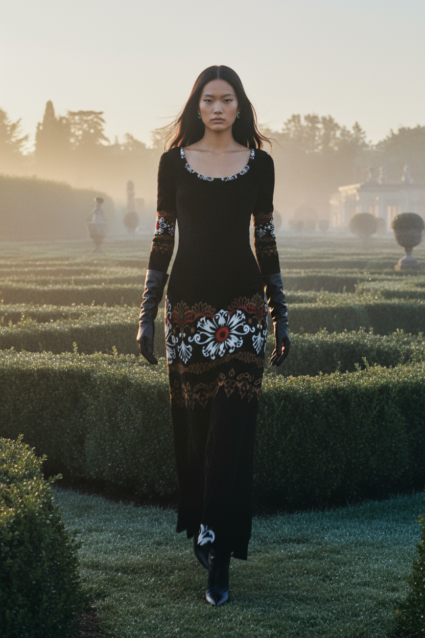 Model wearing heritage style luxury maxi gown by Angelic Blessings Shop in outdoor garden setting