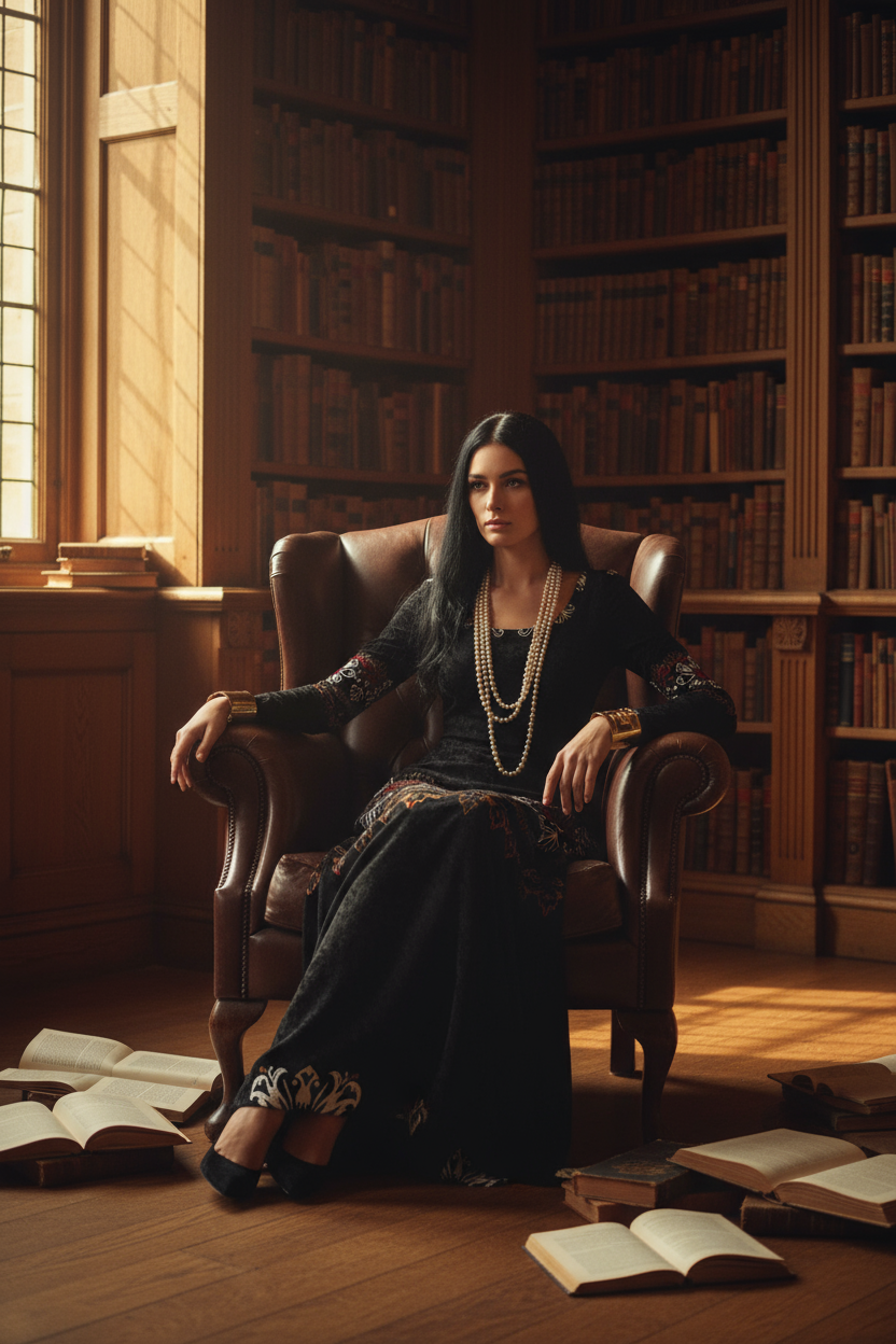 Heritage style luxury maxi gown worn by a woman seated in a leather chair surrounded by books at Angelic Blessings Shop