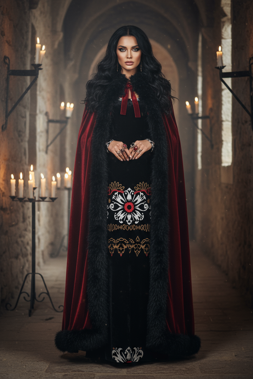Woman wearing a heritage style luxury maxi gown with intricate embroidery and a red velvet fur-trimmed cape in a candlelit stone corridor
