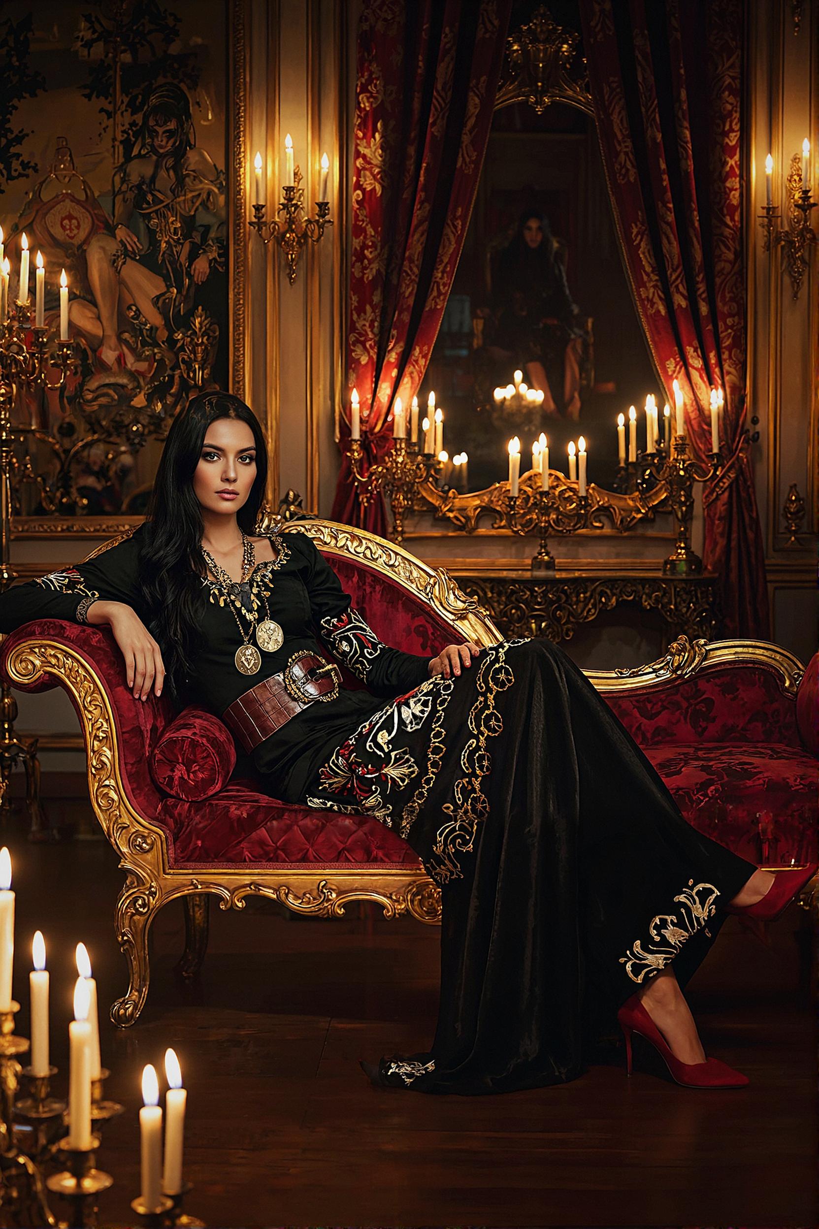 Woman wearing heritage style luxury maxi gown sitting on ornate red velvet sofa in elegant room with candles