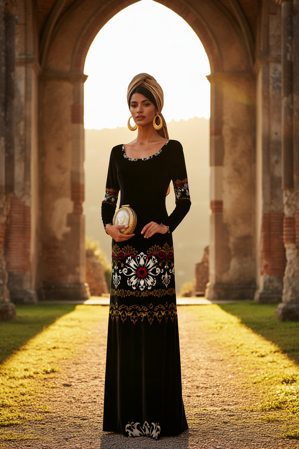 Heritage style luxury maxi gown black with intricate floral embroidery from Angelic Blessings Shop