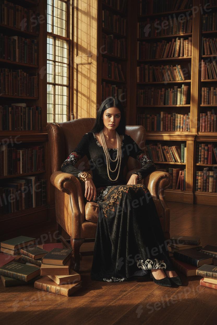 Woman wearing heritage style luxury maxi gown seated in a leather armchair surrounded by books